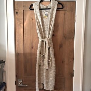 NWT Democracy Metallic Long Duster Cardigan Sweater Vest sleeveless belted Woven